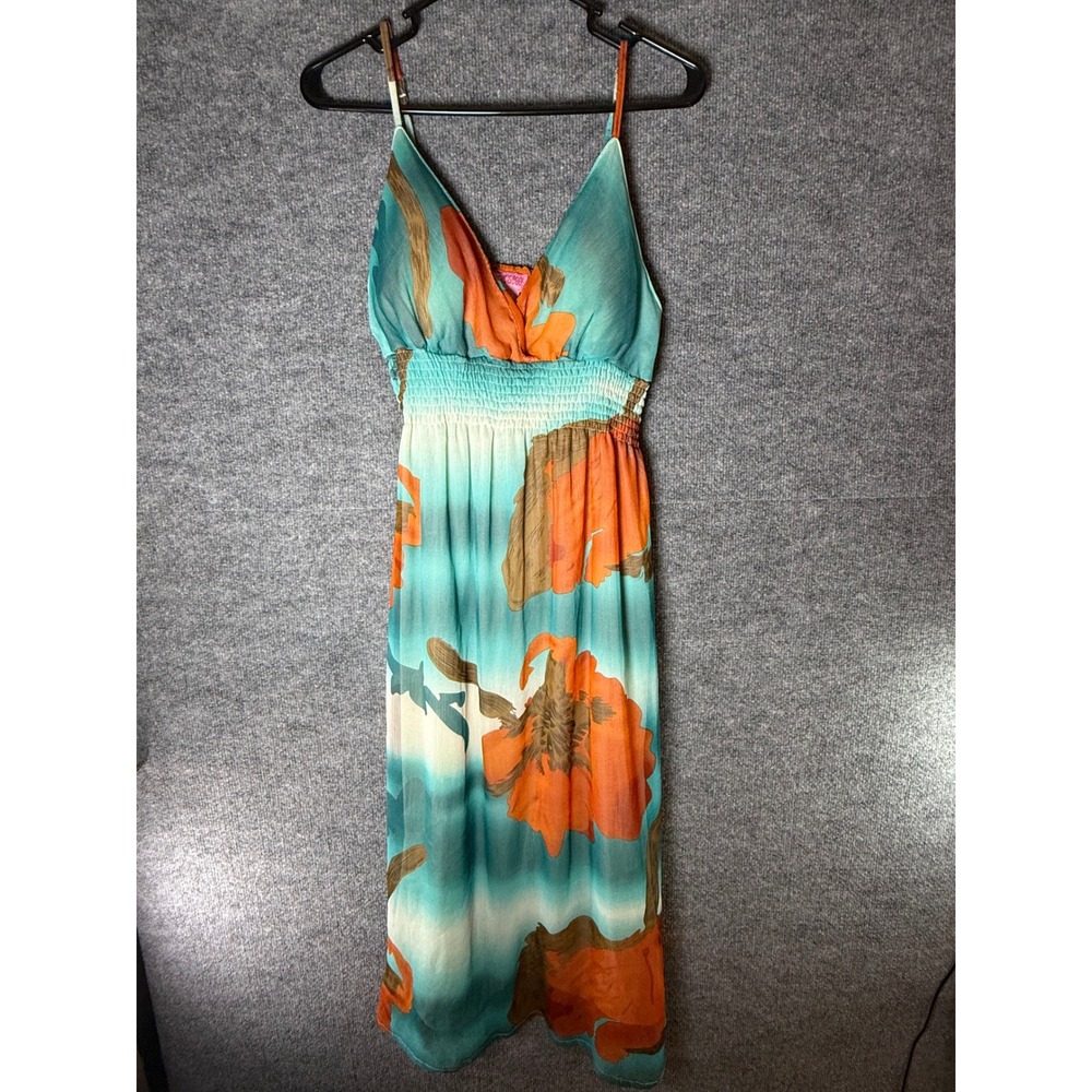 She's Cool Womens 1X Floral Maxi Dress Teal Orange Smocked Waist V-Neck Summer